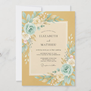 Convites Casamento Floral Romântico em Dourado e Azul Turqu
