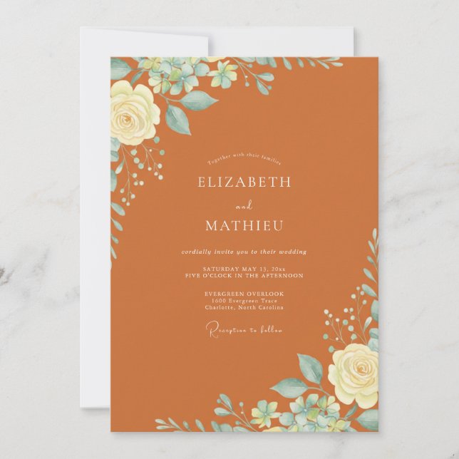 Convites Casamento Floral Romântico em Laranja Queimada (Frente)