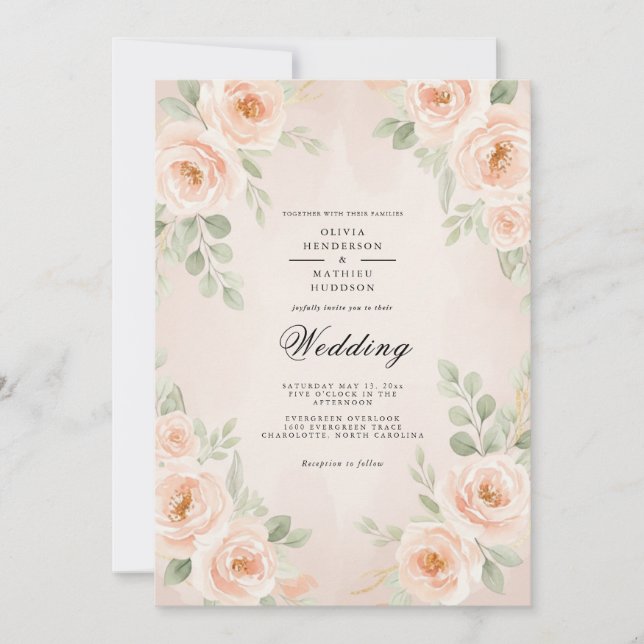 Convites Casamento Floral Romântico em Pêssego (Frente)