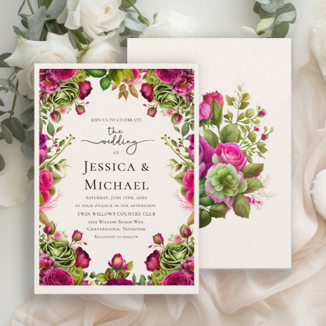 Convites Casamento Floral Romântico em Rosa e Verde com Aqu (Romantic pink and green watercolor flowers wedding invitation)