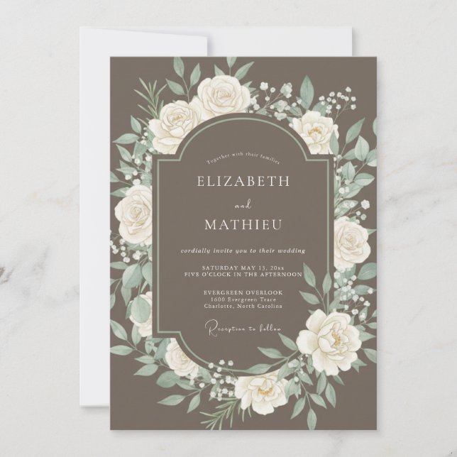 Convites Casamento Floral Romântico em Taupe (Frente)