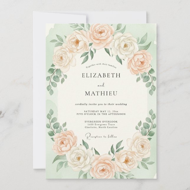 Convites Casamento Floral Romântico em Tom de Pêssego Pálid (Frente)