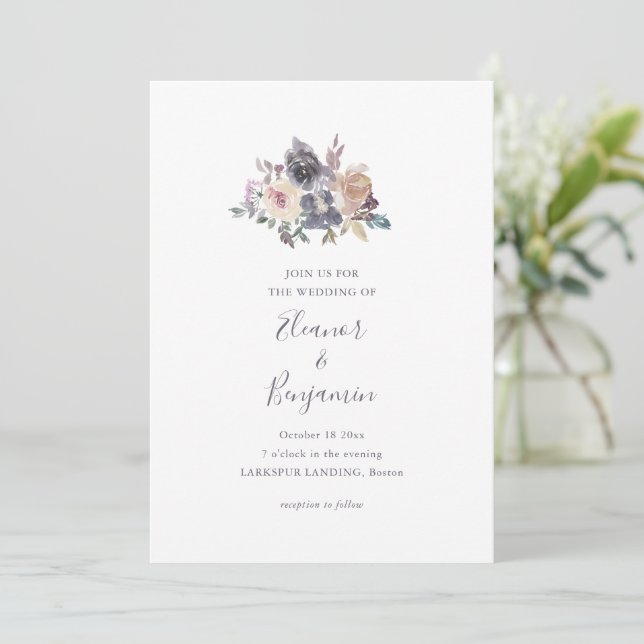 Convites Casamento Floral Romântico em Tons de Ameixa em Aq (Em pé/Frente)
