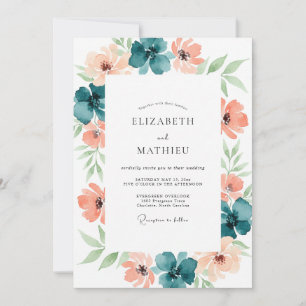 Convites Casamento Floral Romântico em Verde Água e Pêssego