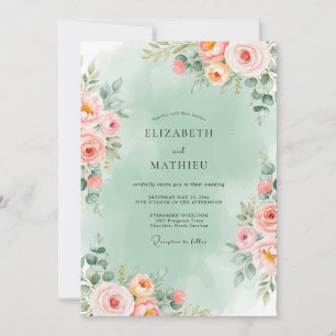 Convites Casamento Floral Romântico em Verde Menta