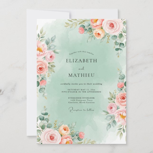 Convites Casamento Floral Romântico em Verde Menta (Frente)