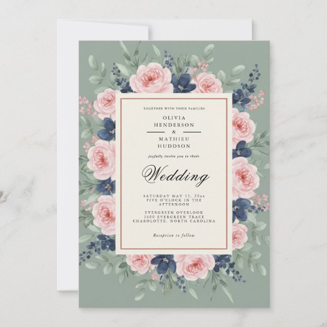 Convites Casamento Floral Romântico em Verde Sage (Frente)