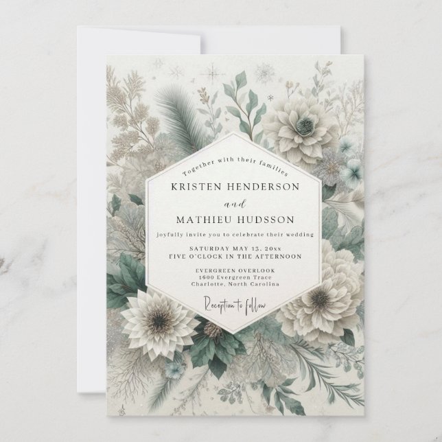 Convites Casamento Floral Romântico em Verde Sálvia (Frente)