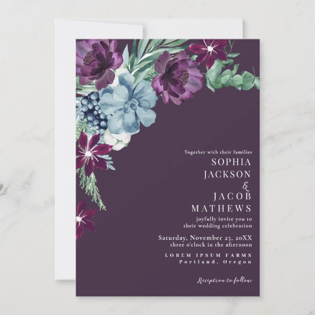 Convites Casamento Floral Romântico-Escuro-Moody Purple (Frente)