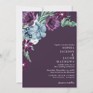 Convites Casamento Floral Romântico-Escuro-Moody Purple