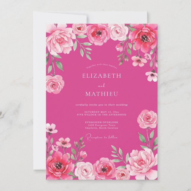 Convites Casamento Floral Romântico Fúcsia Radiante (Frente)