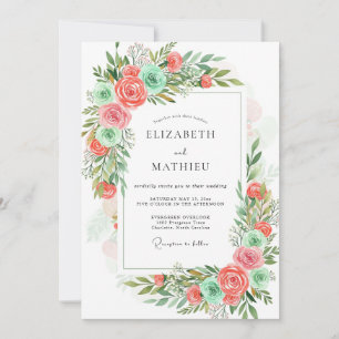 Convites Casamento Floral Romântico Hortelã Coral