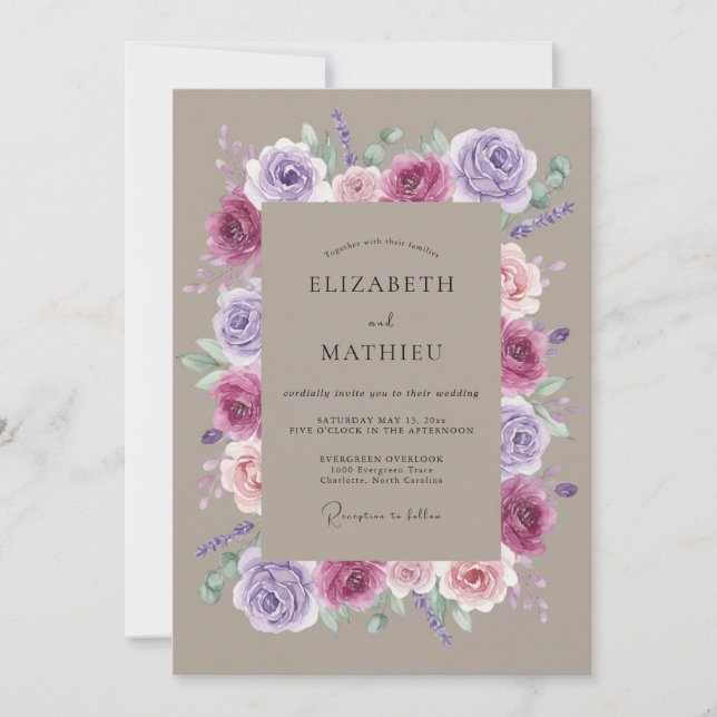 Convites Casamento Floral Romântico Lavanda Ameixa (Frente)
