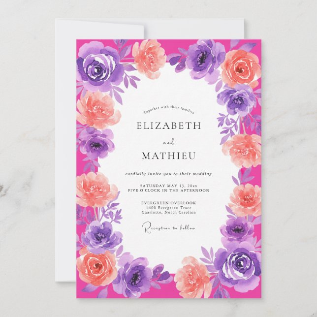 Convites Casamento Floral Romântico Lavanda Magenta (Frente)