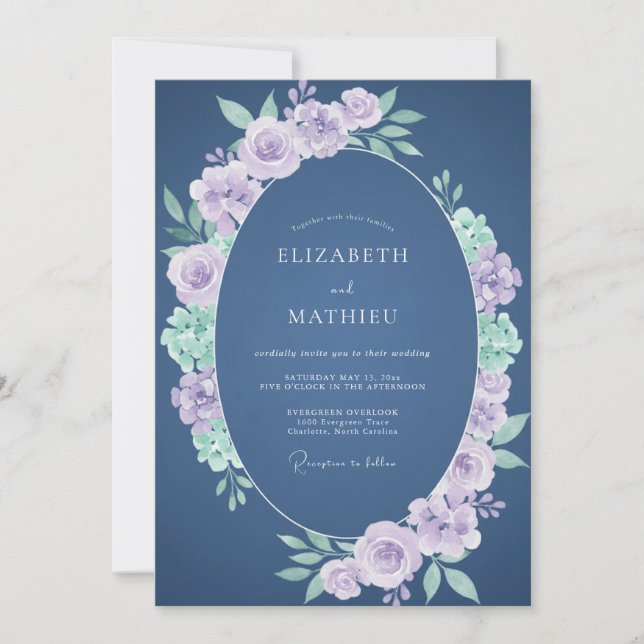 Convites Casamento Floral Romântico Lavanda Marinho (Frente)