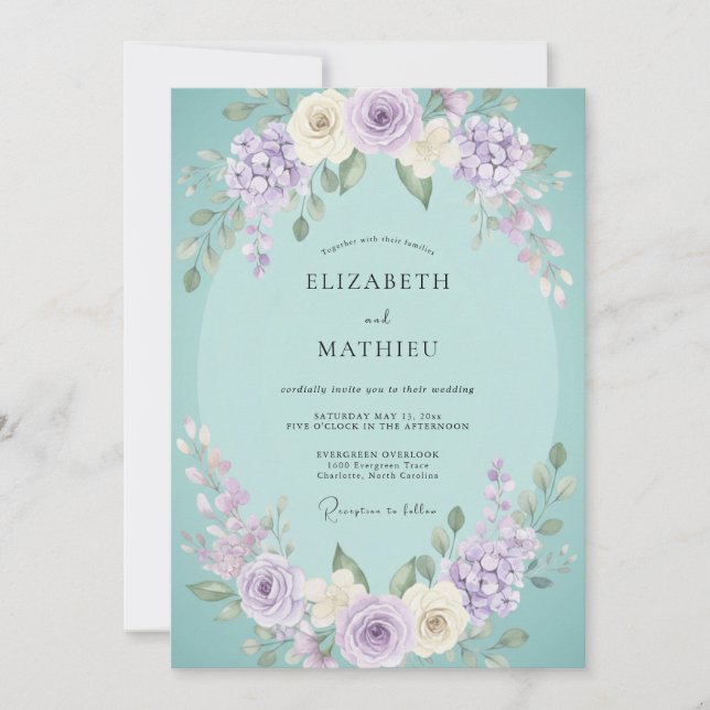Convites Casamento Floral Romântico Lavanda Menta (Frente)