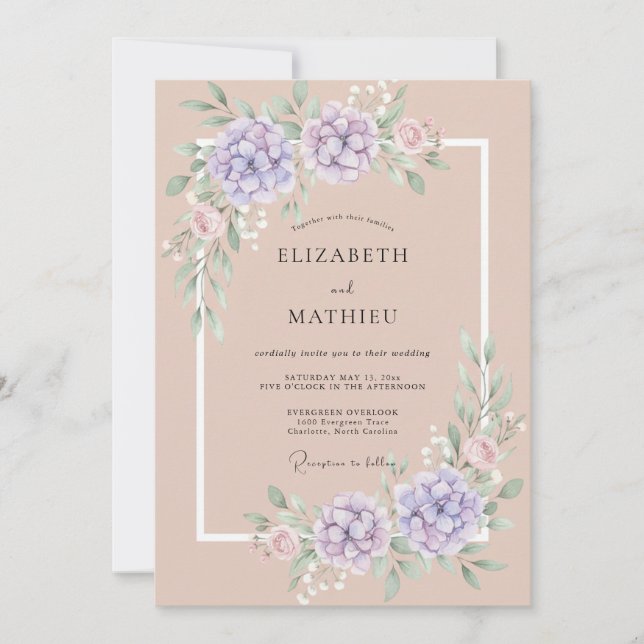 Convites Casamento Floral Romântico Lavanda Pêssego (Frente)