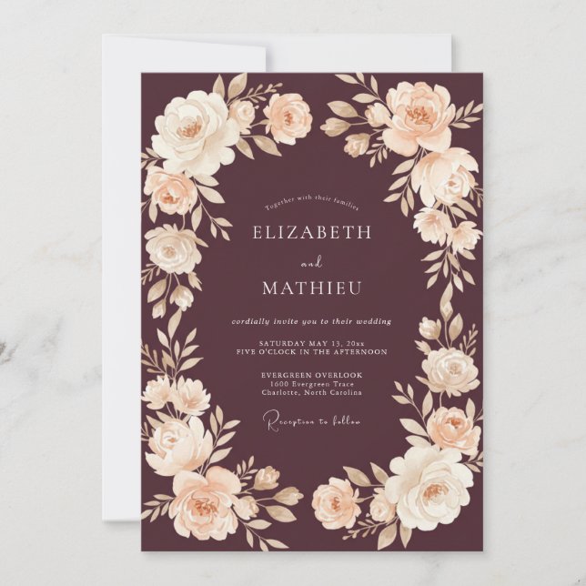 Convites Casamento Floral Romântico Marrom (Frente)