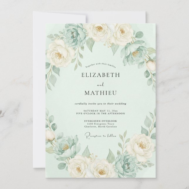 Convites Casamento Floral Romântico Menta (Frente)