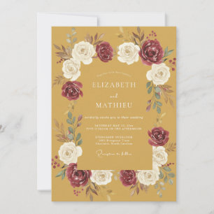 Convites Casamento Floral Romântico Mostarda Borgonha