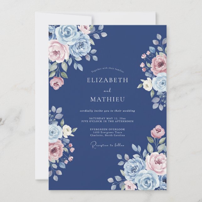 Convites Casamento Floral Romântico Navy Bloom (Frente)