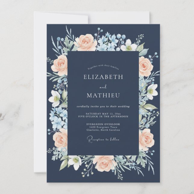 Convites Casamento Floral Romântico Navy Pêssego (Frente)
