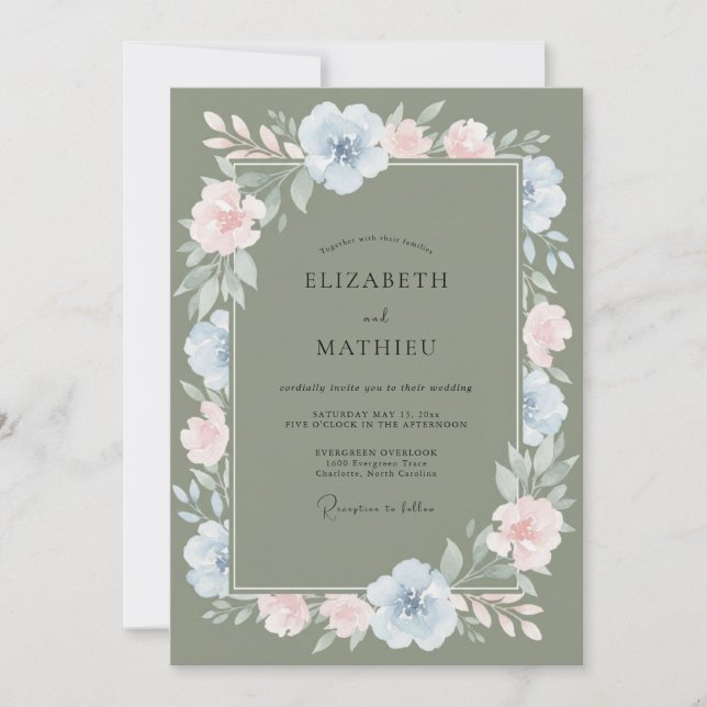 Convites Casamento Floral Romântico Oliva (Frente)