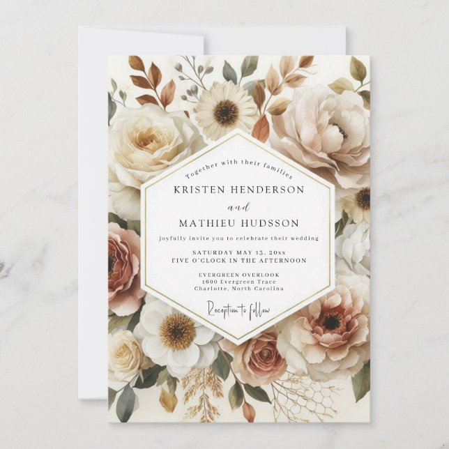 Convites Casamento Floral Romântico Outonal Creme (Frente)