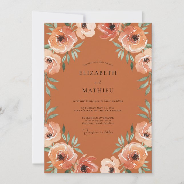 Convites Casamento Floral Romântico Pêssego Ferrugem (Frente)