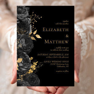 Convites Casamento Floral Romântico Preto Dourado
