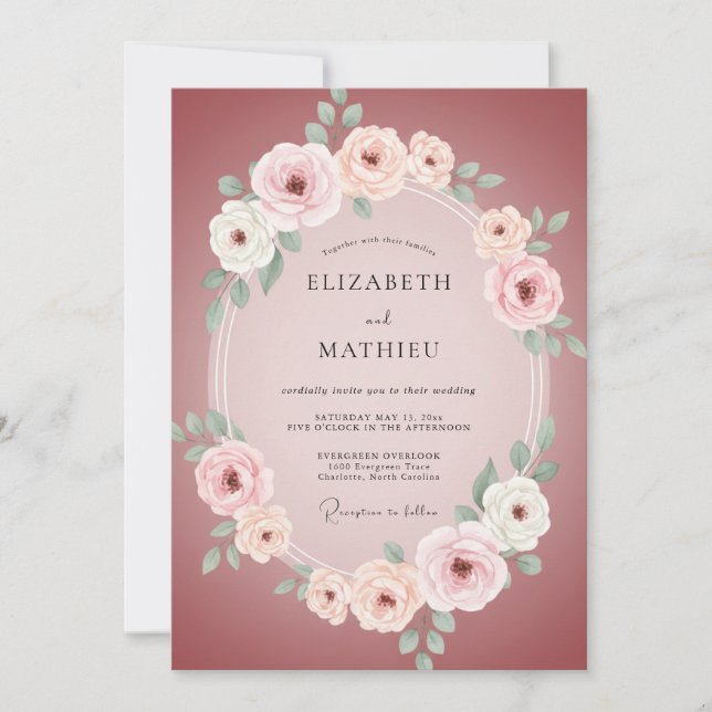 Convites Casamento Floral Romântico Rosa (Frente)