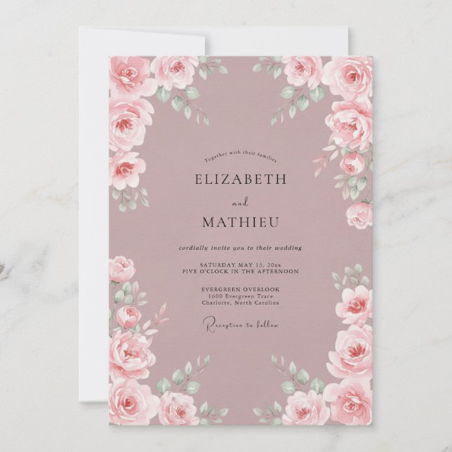 Convites Casamento Floral Romântico Rosa (Frente)