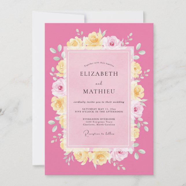 Convites Casamento Floral Romântico Rosa (Frente)