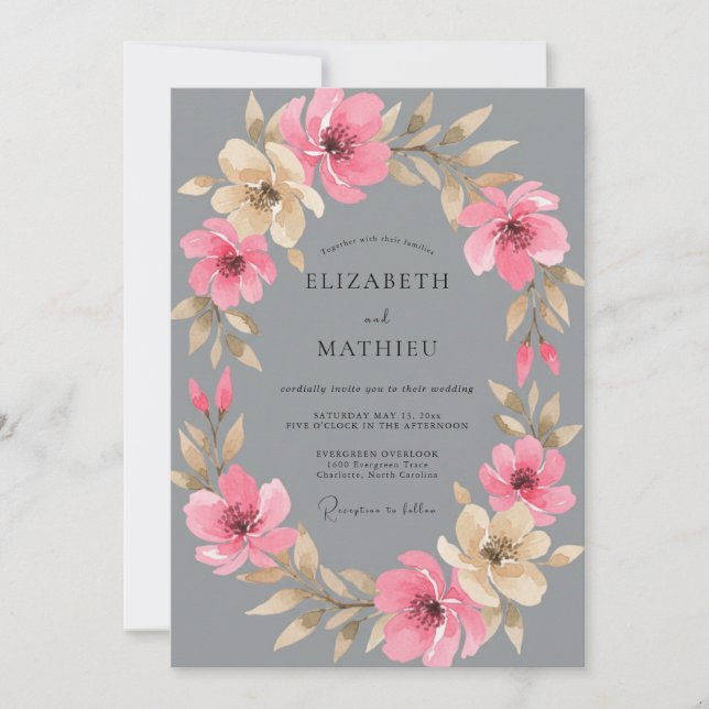 Convites Casamento Floral Romântico Rosa Cinza (Frente)