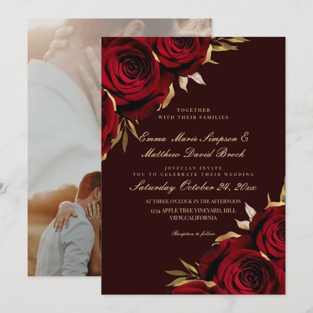 Convites Casamento Floral Romântico Rosa Dourado e Marsala (Frente/Verso)