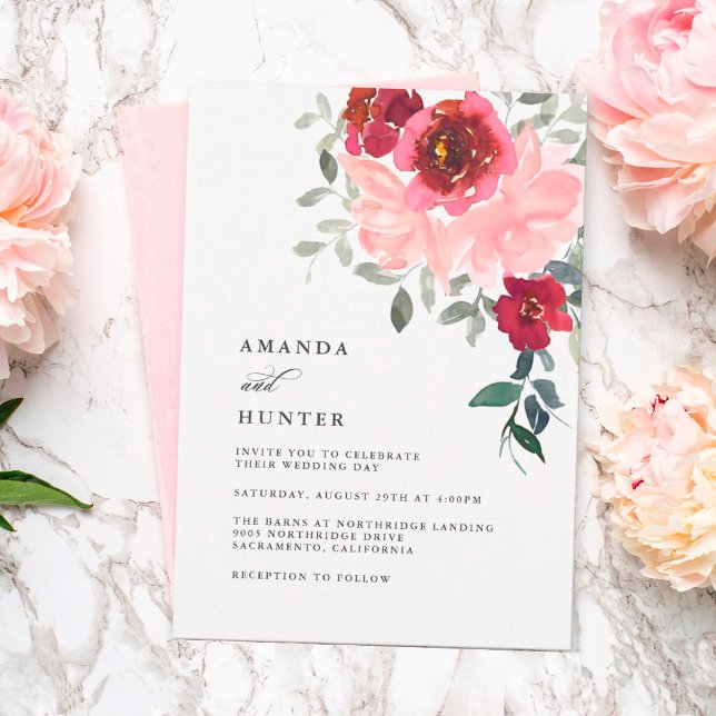 Convites Casamento Floral Romântico Rosa e Borgonha (Criador carregado)
