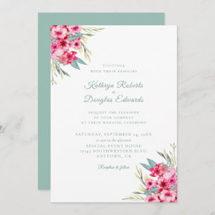 Convites Casamento Floral Romântico Rosa e Teal Watercolor