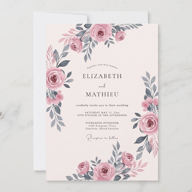 Convites Casamento Floral Romântico Rosa Malva (Frente)