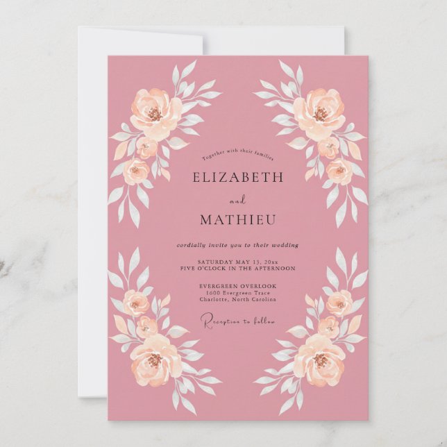 Convites Casamento Floral Romântico Rosa Rubor (Frente)