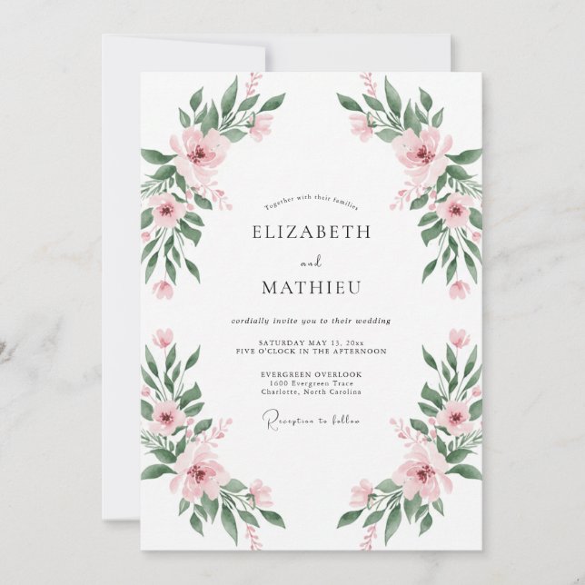Convites Casamento Floral Romântico Rosa Suave (Frente)