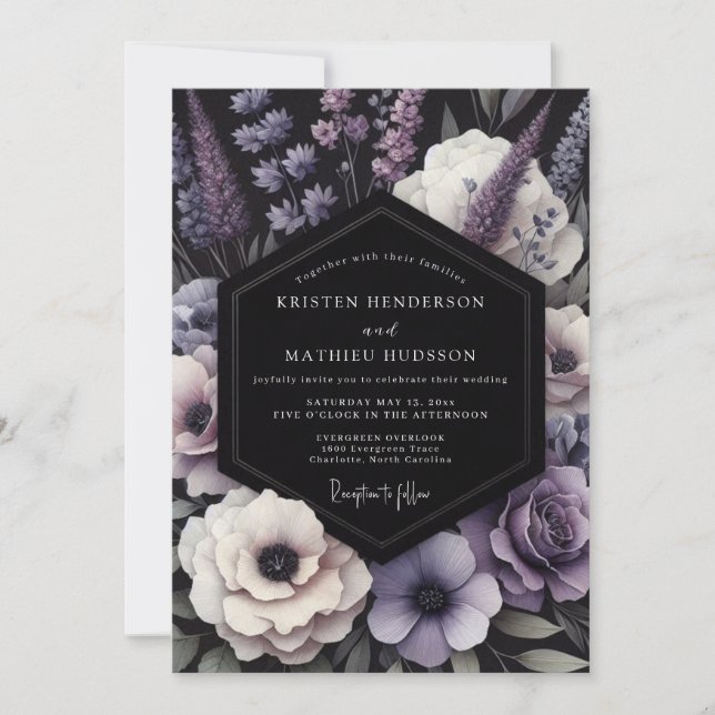 Convites Casamento Floral Romântico Roxo Sombrio (Frente)