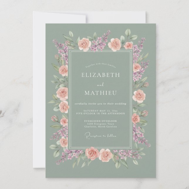Convites Casamento Floral Romântico Sage Pêssego (Frente)