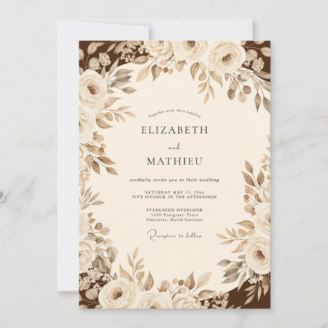 Convites Casamento Floral Romântico Sépia (Frente)