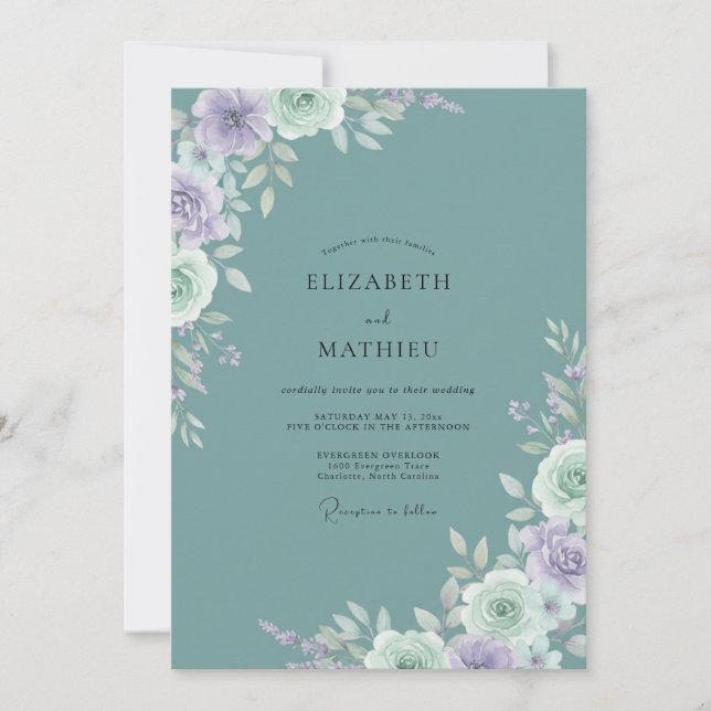 Convites Casamento Floral Romântico Sussurrante em Turquesa (Frente)
