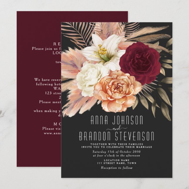Convites Casamento Floral Romântico Temperamental (Frente/Verso)