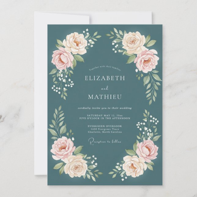 Convites Casamento Floral Romântico Turquesa (Frente)