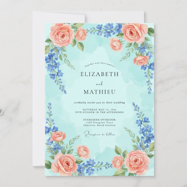 Convites Casamento Floral Romântico Turquesa (Frente)