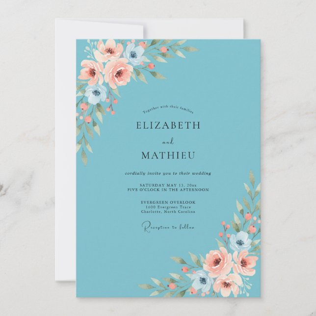 Convites Casamento Floral Romântico Turquesa de Primavera (Frente)