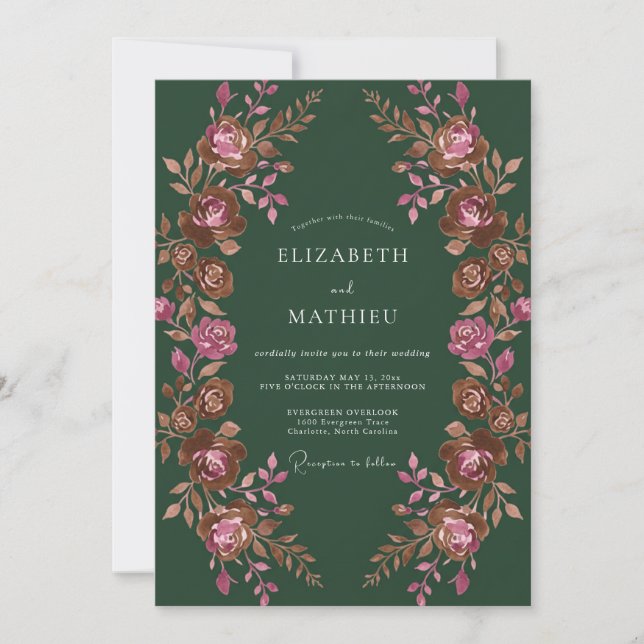 Convites Casamento Floral Romântico Verde Escuro (Frente)