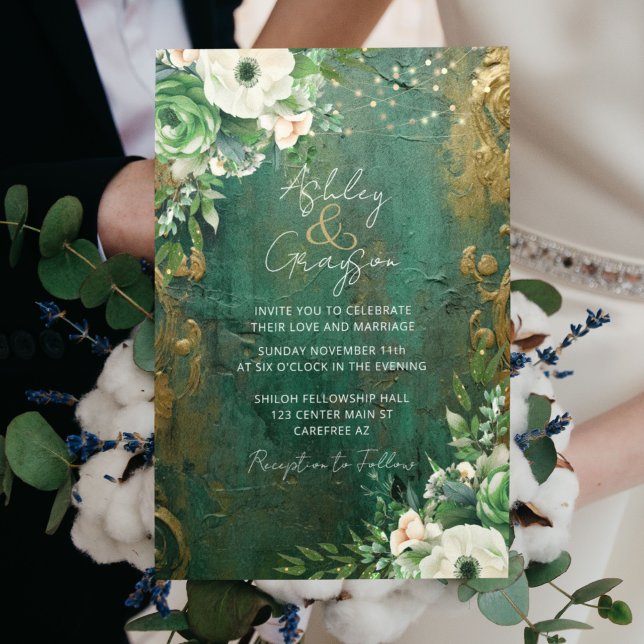 Convites Casamento Floral Romântico Verde Esmeralda (Criador carregado)